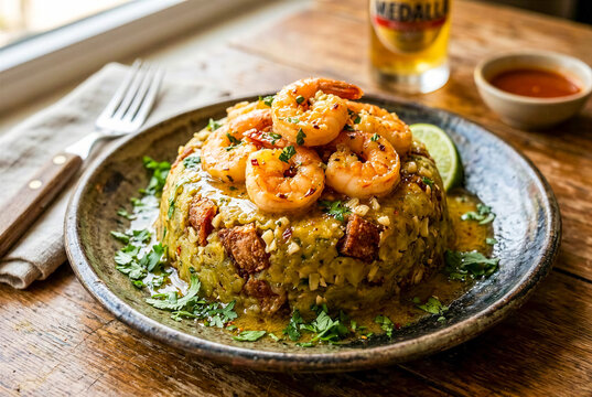 Puerto Rican Mofongo with Savory Garlic Shrimp Pork Cracklings and Fresh Herb Garnish in Rustic Setting