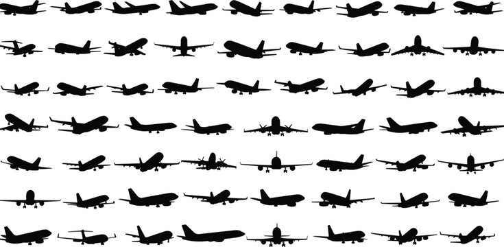 Set of airplane silhouettes, commercial aircraft and private jet vector illustrations in various flight positions, aviation transportation icons, isolated on white background, flight.