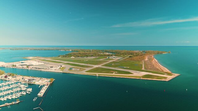 Toronto Billy Bishop Island Airport Aerial Drone Spring Clear Day 4K