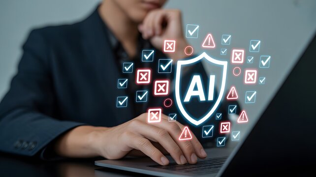 Professional using advanced technology reviews ai driven verification system with approval and rejection indicators floating above laptop screen in futuristic office setting