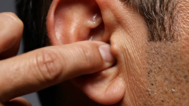 Close-up of a man's ear being gently touched while producing soft, calming, and soothing sounds for relaxation.