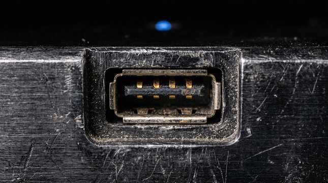 A worn metallic usb port featuring visible scratches and dust accumulation shown in a detailed close-up macro shot with a bright blue indicator light above it.