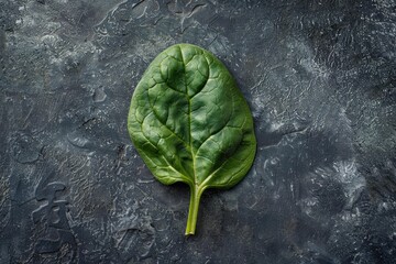 Obraz premium Vibrant green spinach leaf on a textured dark stone background, showcasing its freshness and healthy qualities