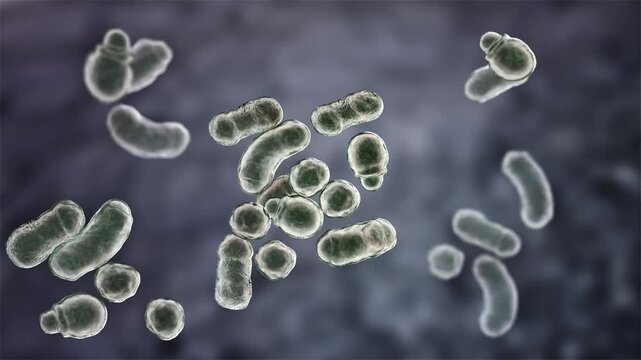 Malassezia furfur yeast cells, 3D animation showing slowly rotating lipid-dependent fungal cells, illustrating skin microflora associated with pityriasis versicolor.