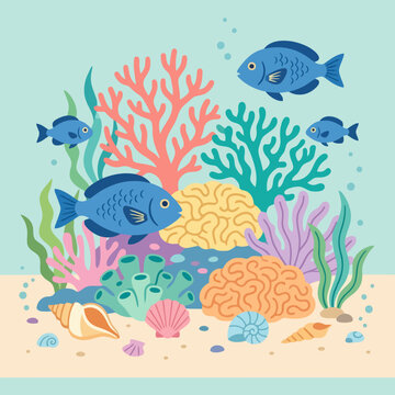 A colorful illustration of a vibrant underwater coral reef scene