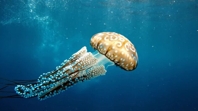 Graceful underwater jellyfish swimming through the deep ocean with mesmerizing patterns and vibrant colors