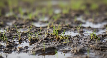 Fototapeta premium New Green Grass Sprouts Emerge from Muddy Soil with Water Droplets After Spring Rains