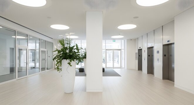 Modern office building lobby interior with elevators and plants