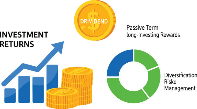 Investment returns and portfolio diversification infographic vector illustration with financial growth bar chart gold coin stack and pie graph for wealth management concepts