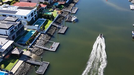 Aerial View of a Motorboat Cruising Past Luxury Gold Coast Canal Homes © blueringmedia