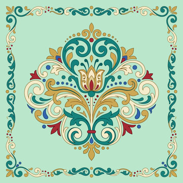 A decorative floral ornament with symmetrical patterns on light background