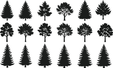Fototapeta premium Pine and deciduous tree silhouette vector icon set featuring evergreen spruce fir and leafy oak trees for forest landscape nature branding camping and outdoor adventure designs