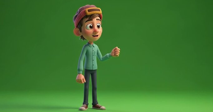 Animated male character on green screen gesturing relaxed peaceful expression