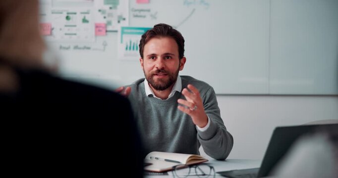 Discussion, interview and business people with candidate in office for recruitment process. Meeting, onboarding and applicant with HR panel for conversation with job offer, partnership and hiring