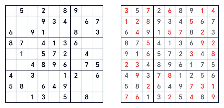 Sudoku puzzle with solved and unsolved grids on white background  