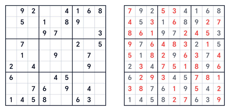 Sudoku puzzle with empty grid and completed solution on display  