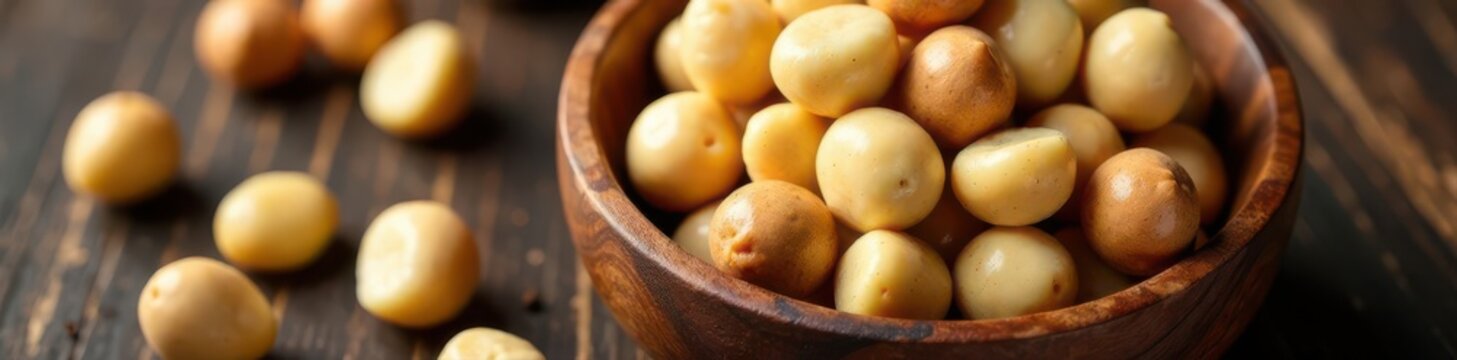 Creamy macadamia nuts in rustic wooden bowl, overhead , beige, macadamia, culinary