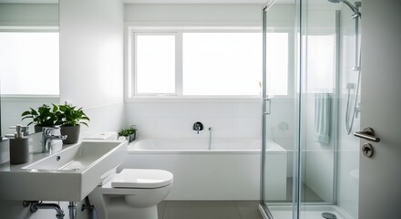 Fototapeta premium Modern minimalist bathroom interior with white bathtub and shower