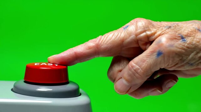 Senior Person Hand Pressing a Red Easy Button on Green Screen Background, Concept of Simple Solutions and Aging Technology