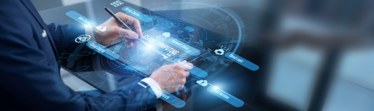 Systems architect point of cloud computing. Architect using tablet managing virtual servers across the global enterprise network. Scaling digital infrastructure and securing user data.