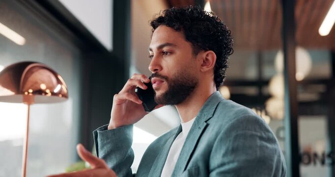 Talking, cafe or businessman with phone call for remote work, venture proposal or capital negotiation. Coffee shop, smile or advisor with investing client for funding, mobile or equity ownership chat