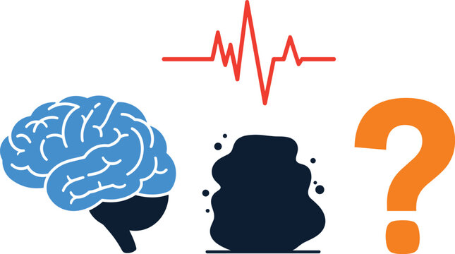  Mental health and cognitive decline vector infographic featuring blue human brain heartbeat pulse line dark memory loss cloud and question mark elements