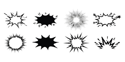 Set of black comic book explosion speech bubbles and starburst shapes for graphic design elements © Sharmin