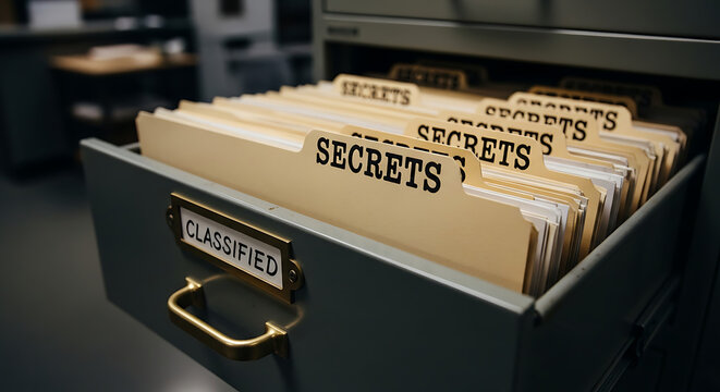 Confidential Paper Folder Stored inside a Professional Catalog File Cabinet Labeled as Top Secret Information and Sensitive Private Data Documents