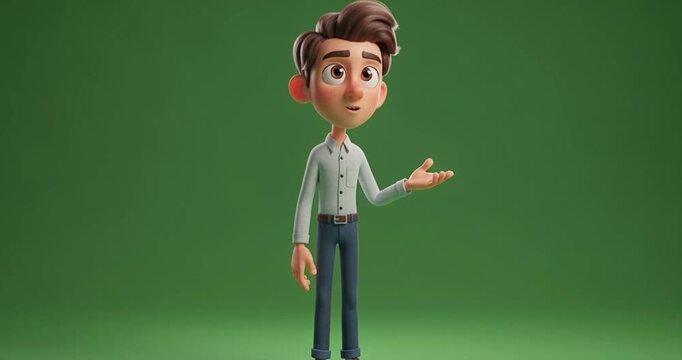 Animated male character presenting against green screen background