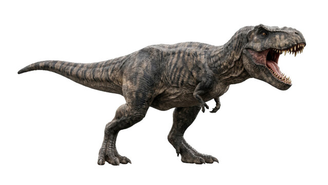 Aggressive tyrannosaurus rex dinosaur roaring with sharp teeth and textured skin standing in a powerful hunting stance presented on transparent background PNG
