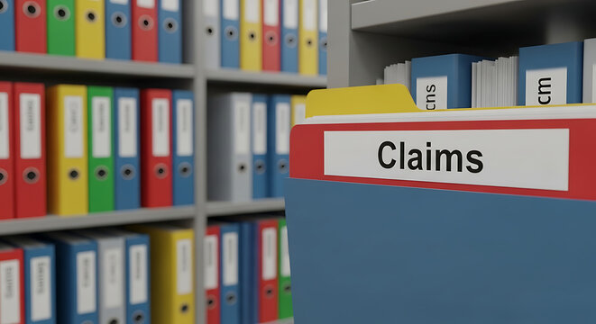 3D Render of a Colorful File Folder Labeled Claims Within a Professional Office Archive Storage System Featuring a Blurred Background and High Quality Business Documentation Management.