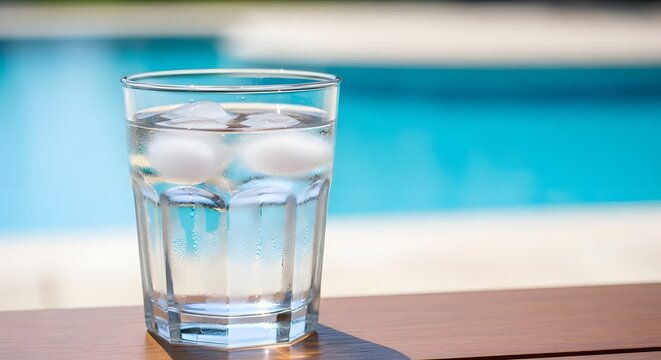 Glass of cold water with ice cubes on a wooden table by the pool