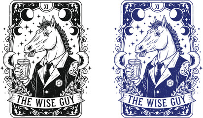 Obraz premium Halloween Tarot Card Illustration of The Wise Girl Skeleton in Gothic Line Art Style