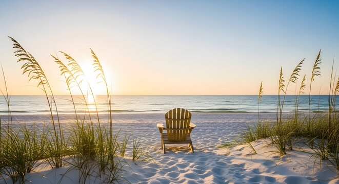 An adirondack chair on sandy beach at sunset with sea oats