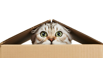A curious cat peeking out of a cardboard box on a white background
