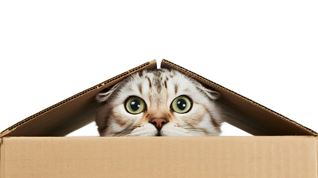 A curious cat peeking out of a cardboard box on a white background