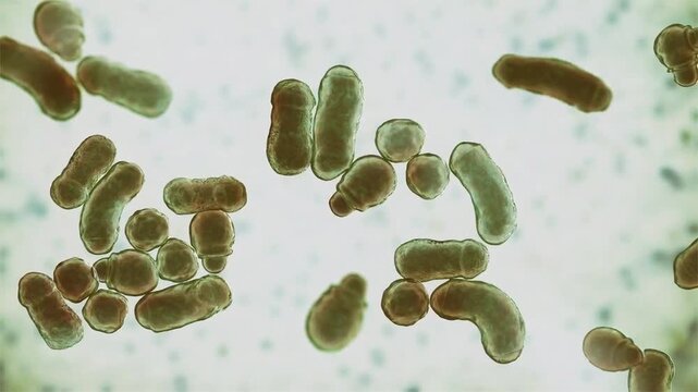 Malassezia furfur yeast cells, 3D animation showing slowly rotating lipid-dependent fungal cells, illustrating skin microflora associated with pityriasis versicolor.