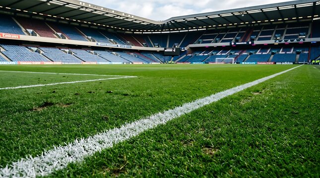 Wide angle perspective of soccer stadium pitch with white boundary lines and empty blue stadium seating
