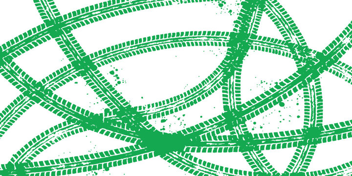 Green tire tracks and vehicle marks in a messy abstract pattern