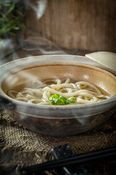 Traditional Japanese kake udon noodle soup served hot in a ceramic bowl with savory dashi broth and chopped green onions. Minimalist authentic Asian comfort food. 