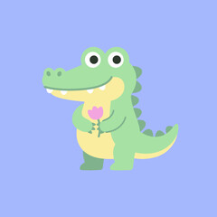 Fototapeta premium A cute green cartoon crocodile holding a small pink flower