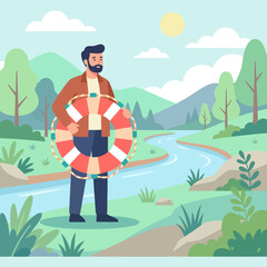 A man stands by a river holding a red and white lifebuoy © Lestari