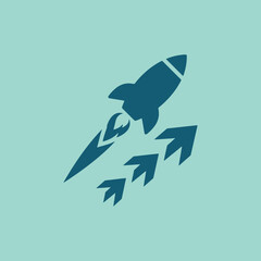 Fototapeta premium A dark blue rocket icon flying on a light green background
