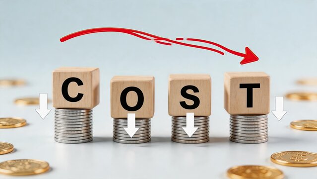 Cost reduction concept showing wooden blocks spelling cost on stacks of coins with downward arrows indicating savings.