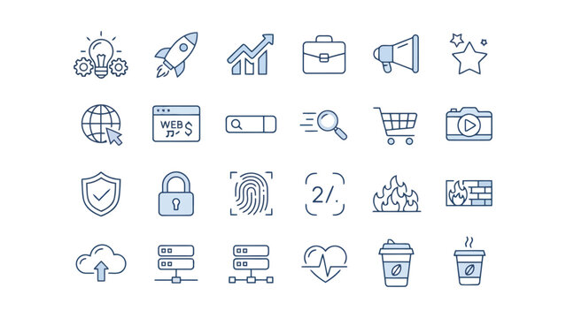 Professional outline icon set for e-commerce and marketing featuring rocket startup growth briefcase megaphone web shopping and security firewall symbols for digital business and tech web interfaces