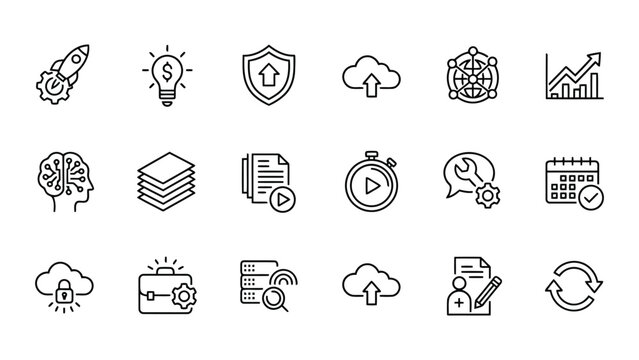 Modern business and productivity icon set featuring rocket growth financial bulbs security shields cloud uploads global networks brain computing and project management tools for digital interface