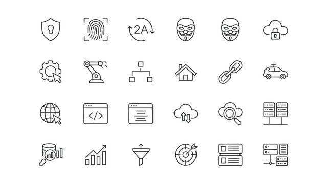 Digital security and IT infrastructure line icon pack including biometric scanners anonymous masks cloud encryption server networks and advanced data filtering tools