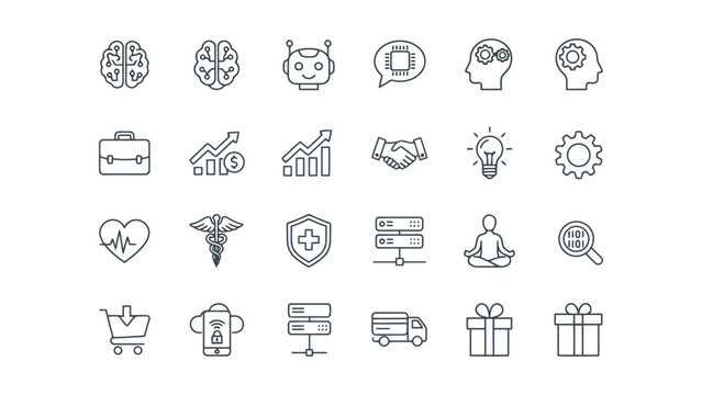 Minimalist outline icon set for business development healthcare and digital transformation featuring brain gears handshake medical symbols and corporate growth charts on isolated white background