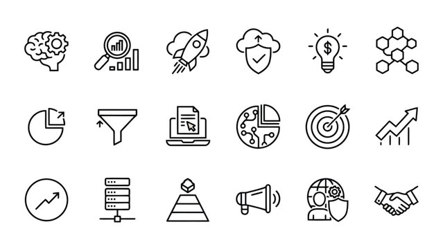 Collection of black and white linear business strategy icons depicting growth marketing and management concepts for professional corporate presentations and digital marketing agency project needs
