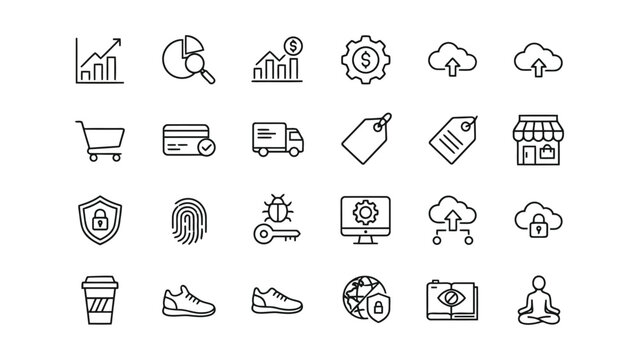 E-commerce and cloud business icons featuring growth charts financial analysis shopping cart secure payment delivery tags retail storefront security shield fingerprint bug detection and user interface
